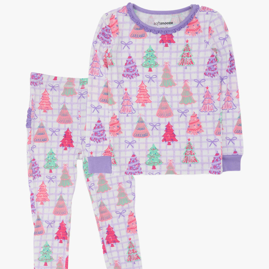 A two-piece children's pajama set featuring a long-sleeve top and matching pants with a purple and white gingham pattern and an all-over print of colorful Christmas trees in pink, green, and purple.