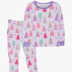 A two-piece children's pajama set featuring a long-sleeve top and matching pants with a purple and white gingham pattern and an all-over print of colorful Christmas trees in pink, green, and purple.