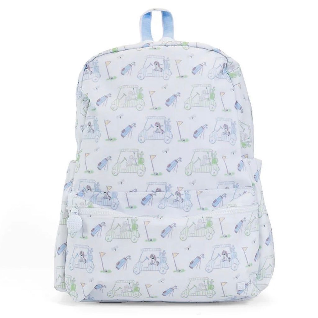 Backpack with a golf pattern and puppies in light blue with golf ball zipper pull