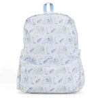 Backpack with a golf pattern and puppies in light blue with golf ball zipper pull