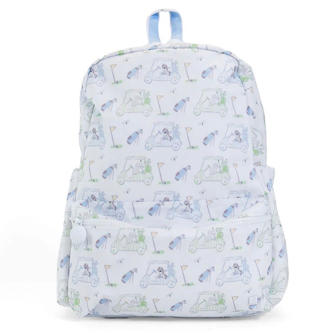 Backpack with a golf pattern and puppies in light blue with golf ball zipper pull