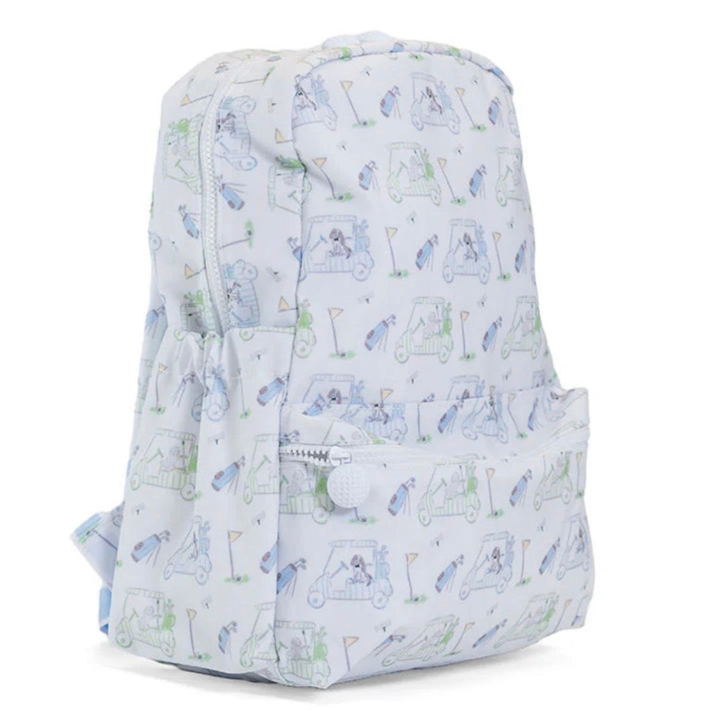 Kids backpack or baby diaper bag with golf-themed design and golf ball zipper pull