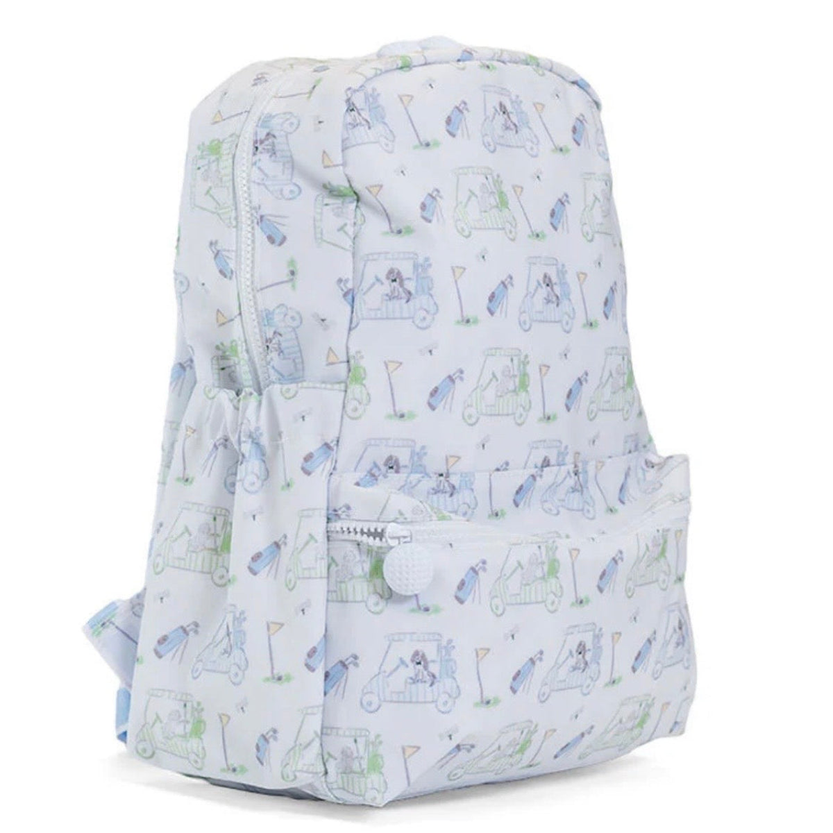 Kids backpack or baby diaper bag with golf-themed design and golf ball zipper pull