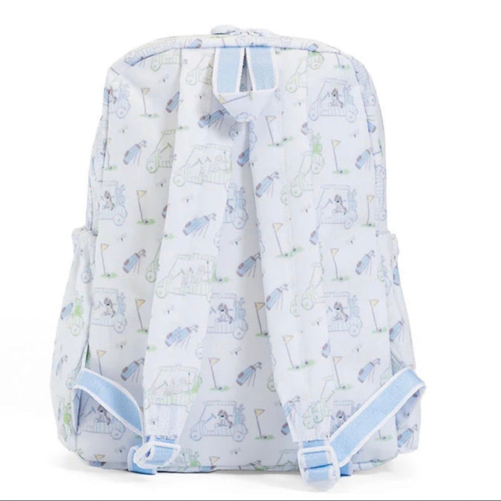 Backpack with a light blue golfing dogs print for kids