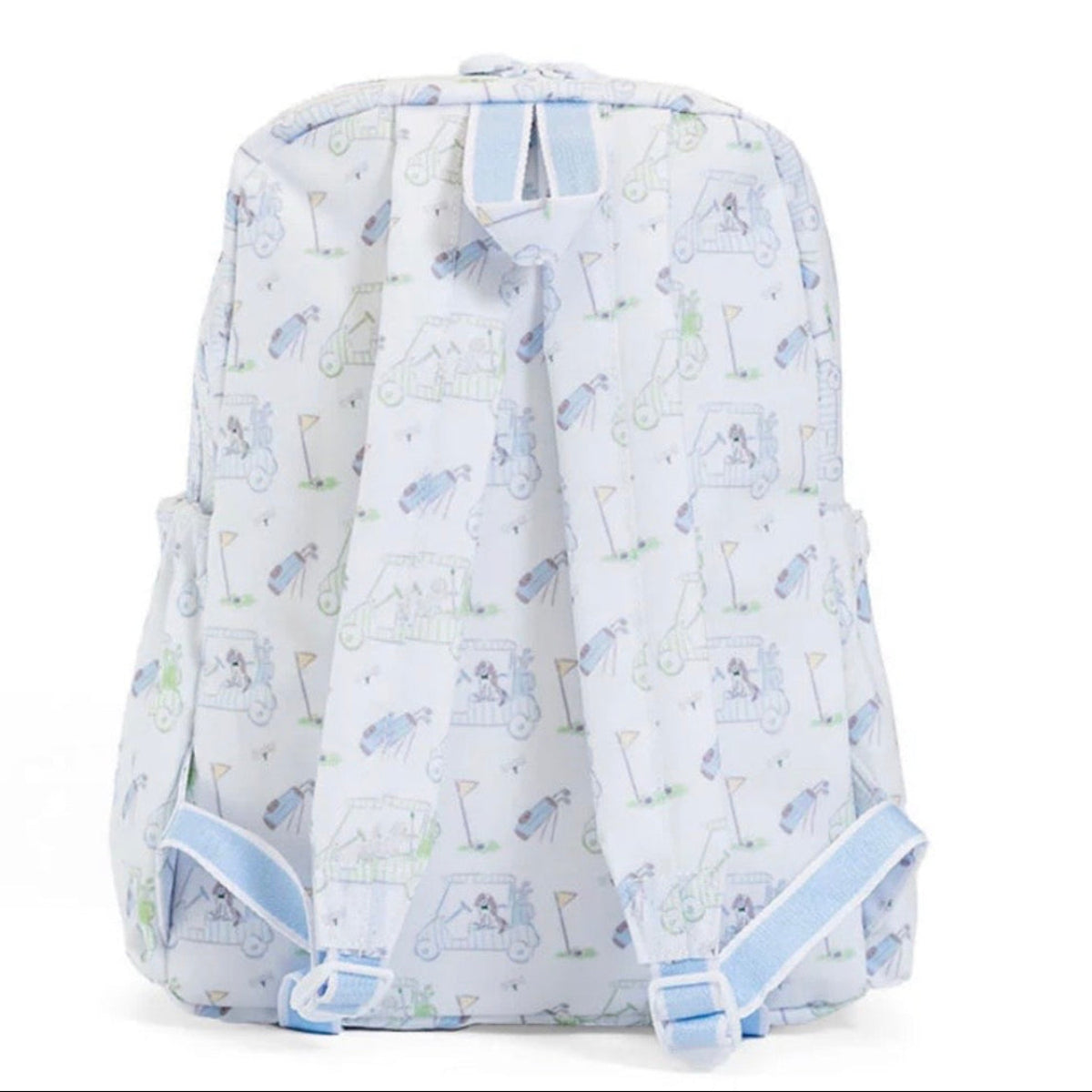 Backpack with a light blue golfing dogs print for kids