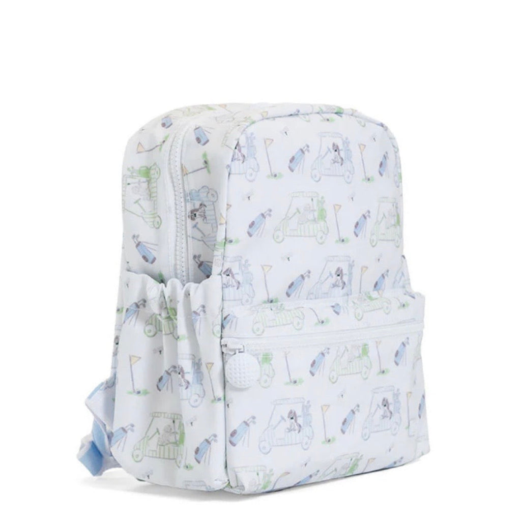 Toddler backpack in a light blue golf pattern with puppies and golf ball zipper pull