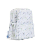 Toddler backpack in a light blue golf pattern with puppies and golf ball zipper pull