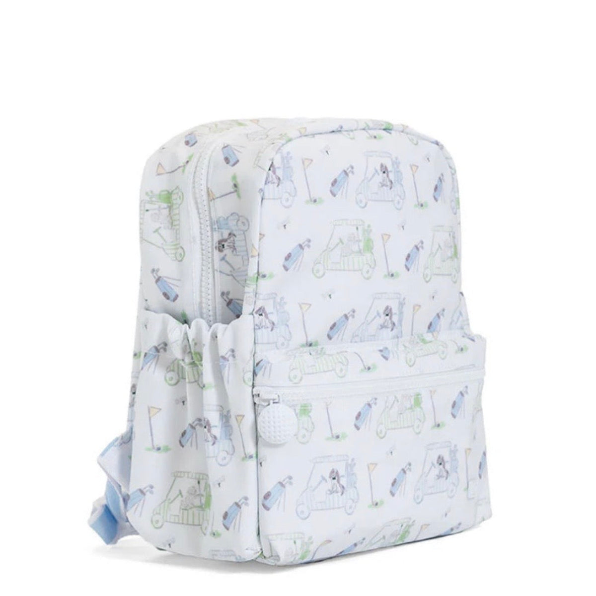 Toddler backpack in a light blue golf pattern with puppies and golf ball zipper pull