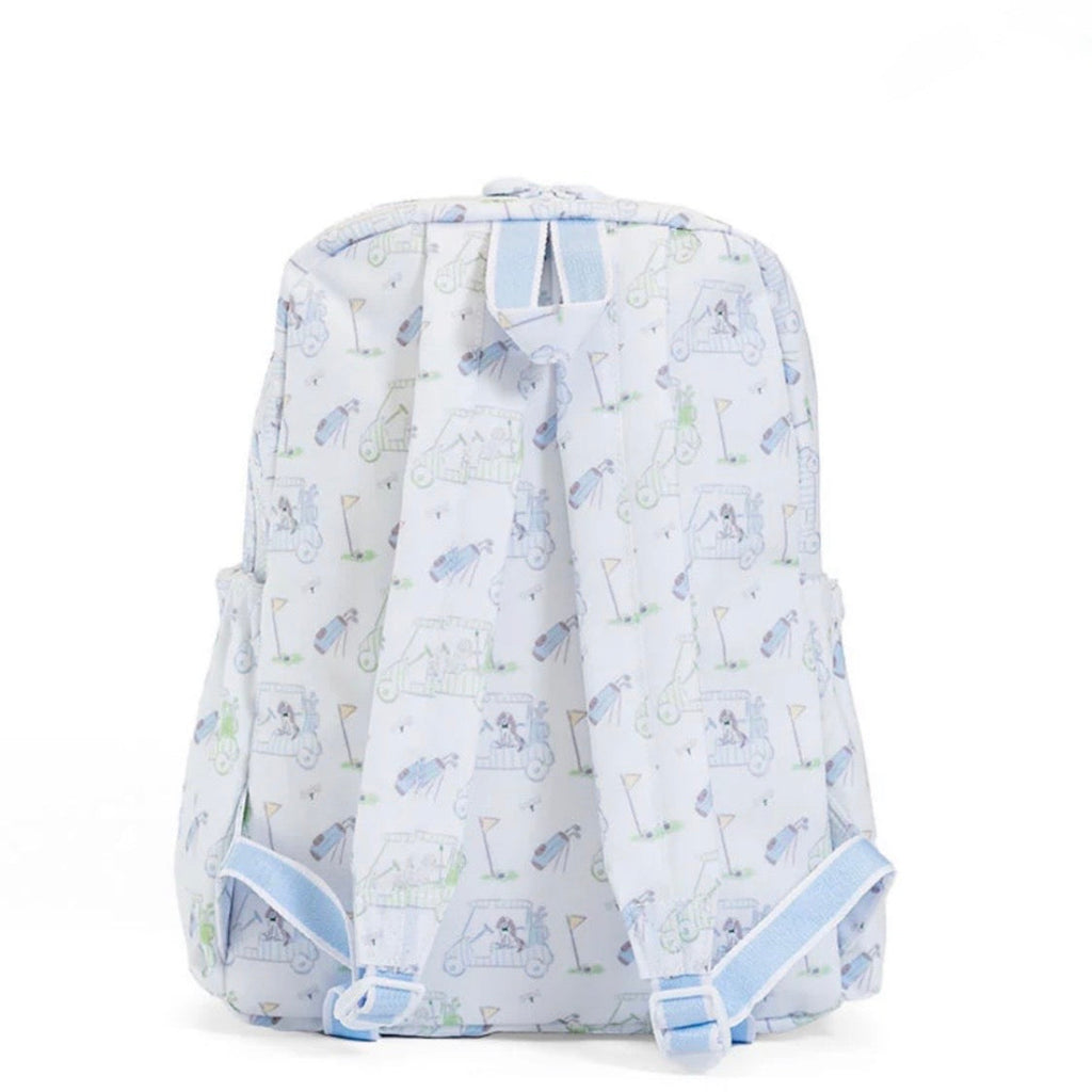 Toddler backpack with blue golf print and puppies