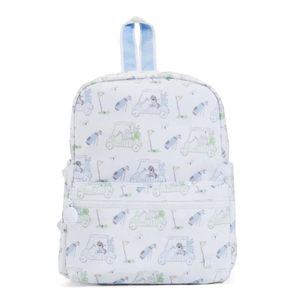 Toddler Boy Backpack with blue golf print and golf ball zipper pull