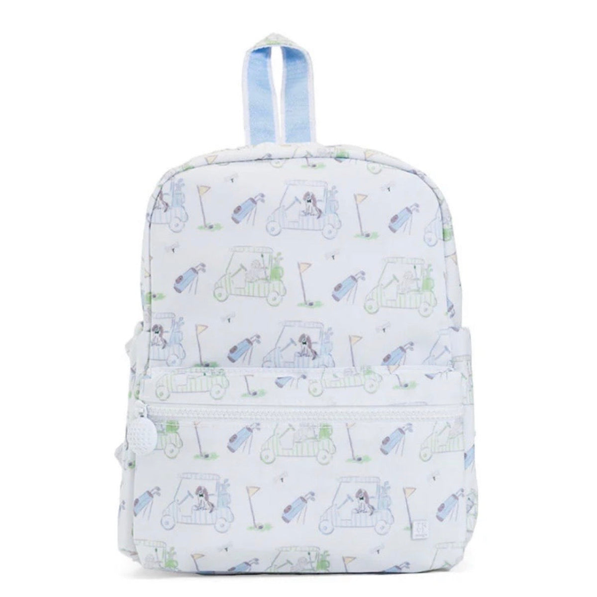 Toddler Boy Backpack with blue golf print and golf ball zipper pull