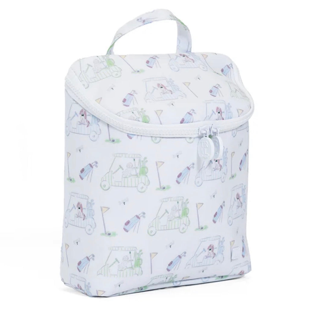 Insulated baby bottle or lunch bag in a light blue golf and puppy dog print