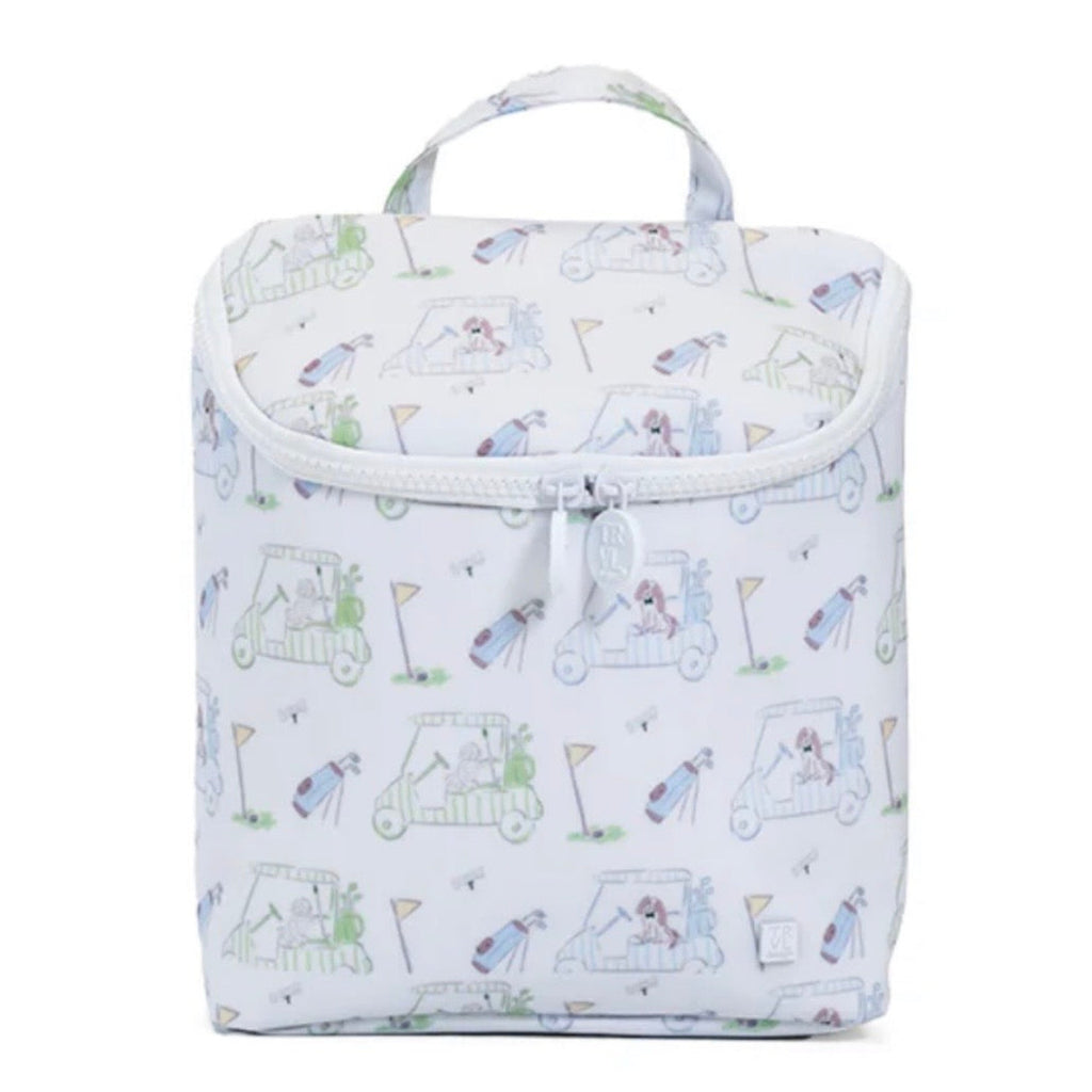 Insulated baby bottle or lunch bag in a light blue golf and puppy dog print