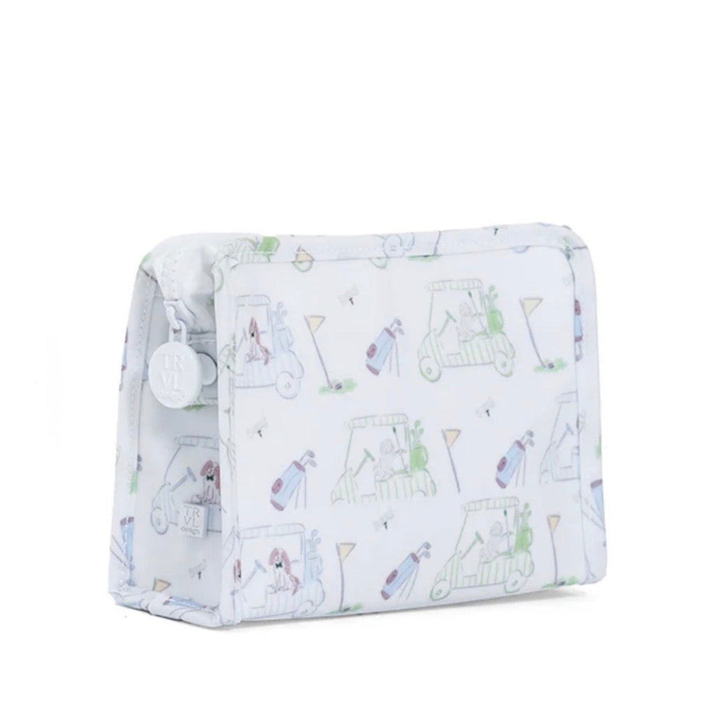Small travel pouch bag organizer in a light blue golf and puppy dog print