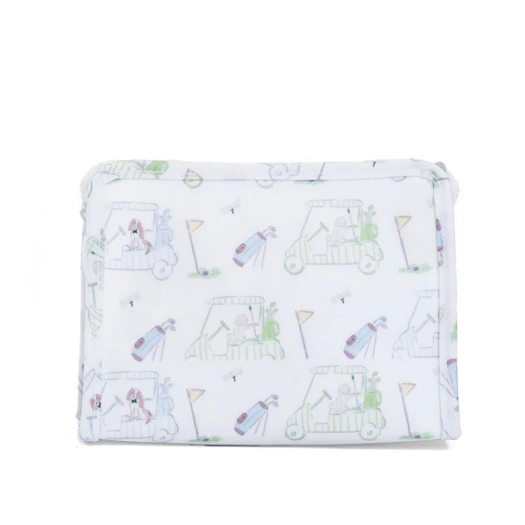Zipper pouch travel bag organizer in a soft baby boy golf and puppies print