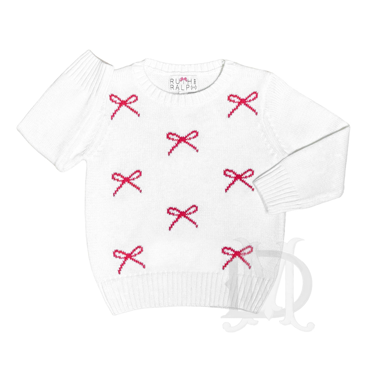 Girl's white crewneck cotton sweater with red intarsia bows.