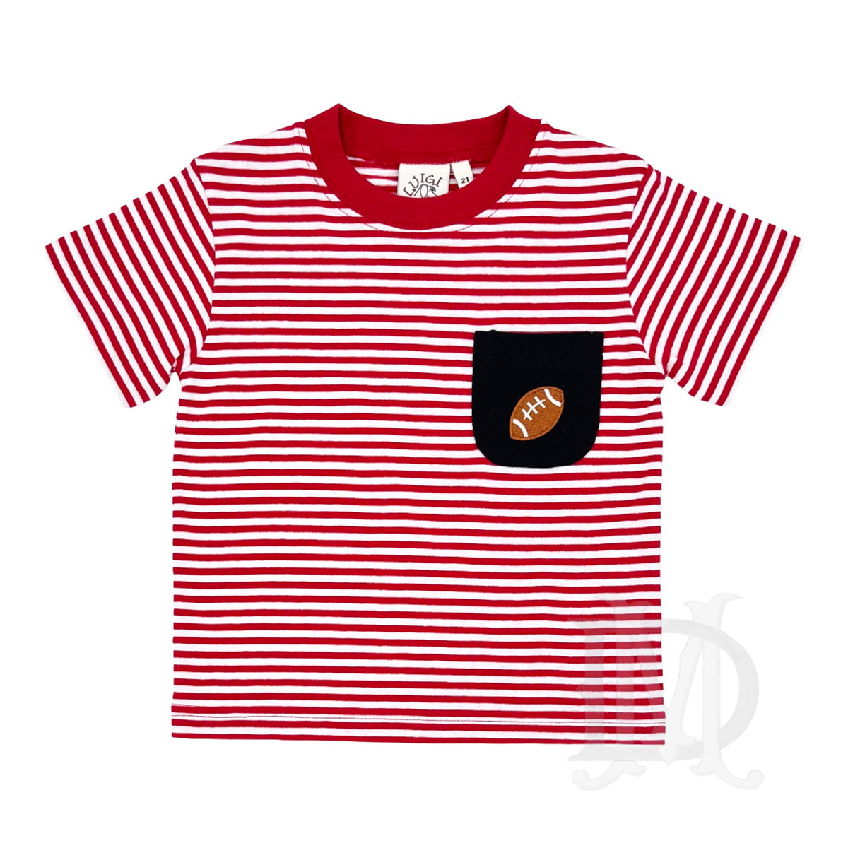 Boys red stripe shirt with a black  pocket and football embroidery.