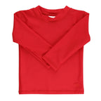 Red long sleeve boy’s rashguard swim shirt.