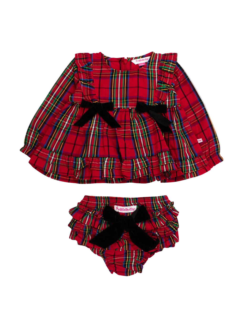 A baby girl's two-piece outfit set featuring a red tartan plaid long-sleeve dress with black bow details and matching red plaid bloomers with a black bow, laid flat on a white background.