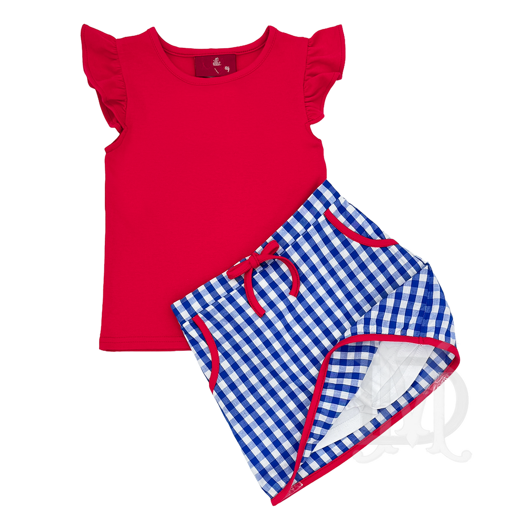 Girls red top blue gingham skort patriotic outfit