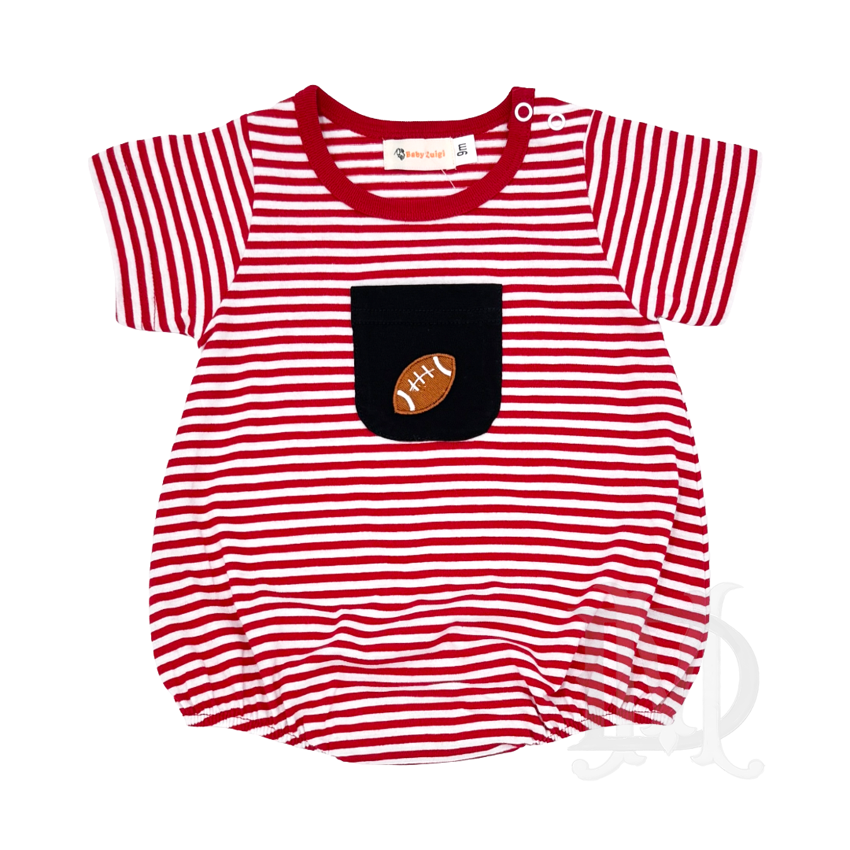 Red stripe knit baby boy bubble with short sleeves, a black front chest pocket, and an embroidered football.