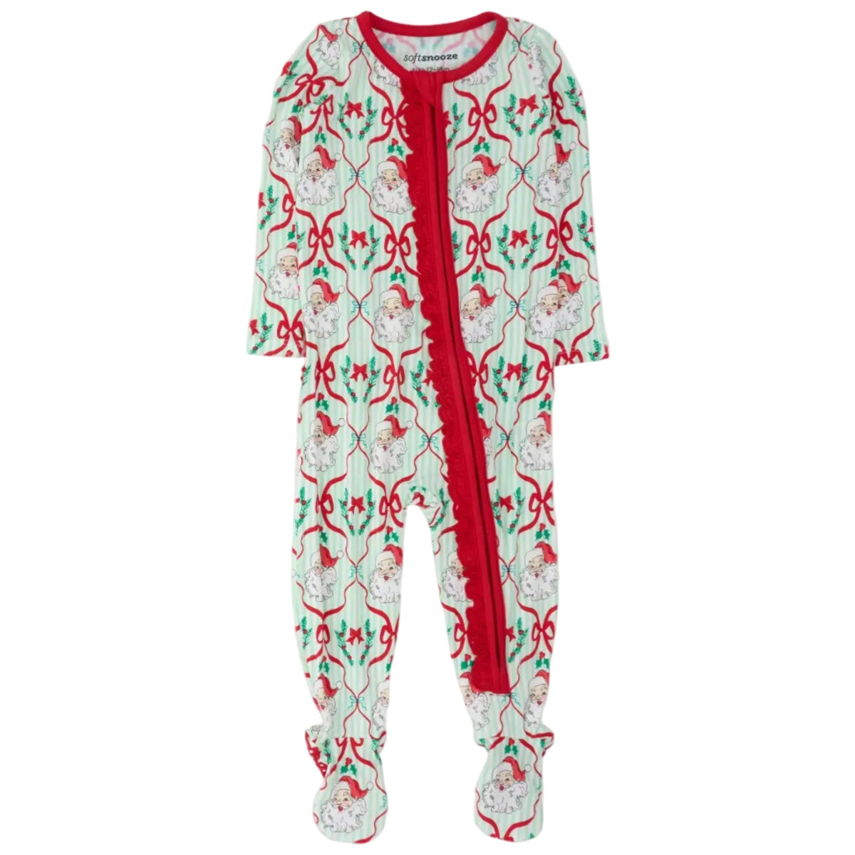 A baby footed one-piece pajama with a festive Christmas print featuring Santa Claus, holly, and red bows on a pale green background, with a solid red front placket.