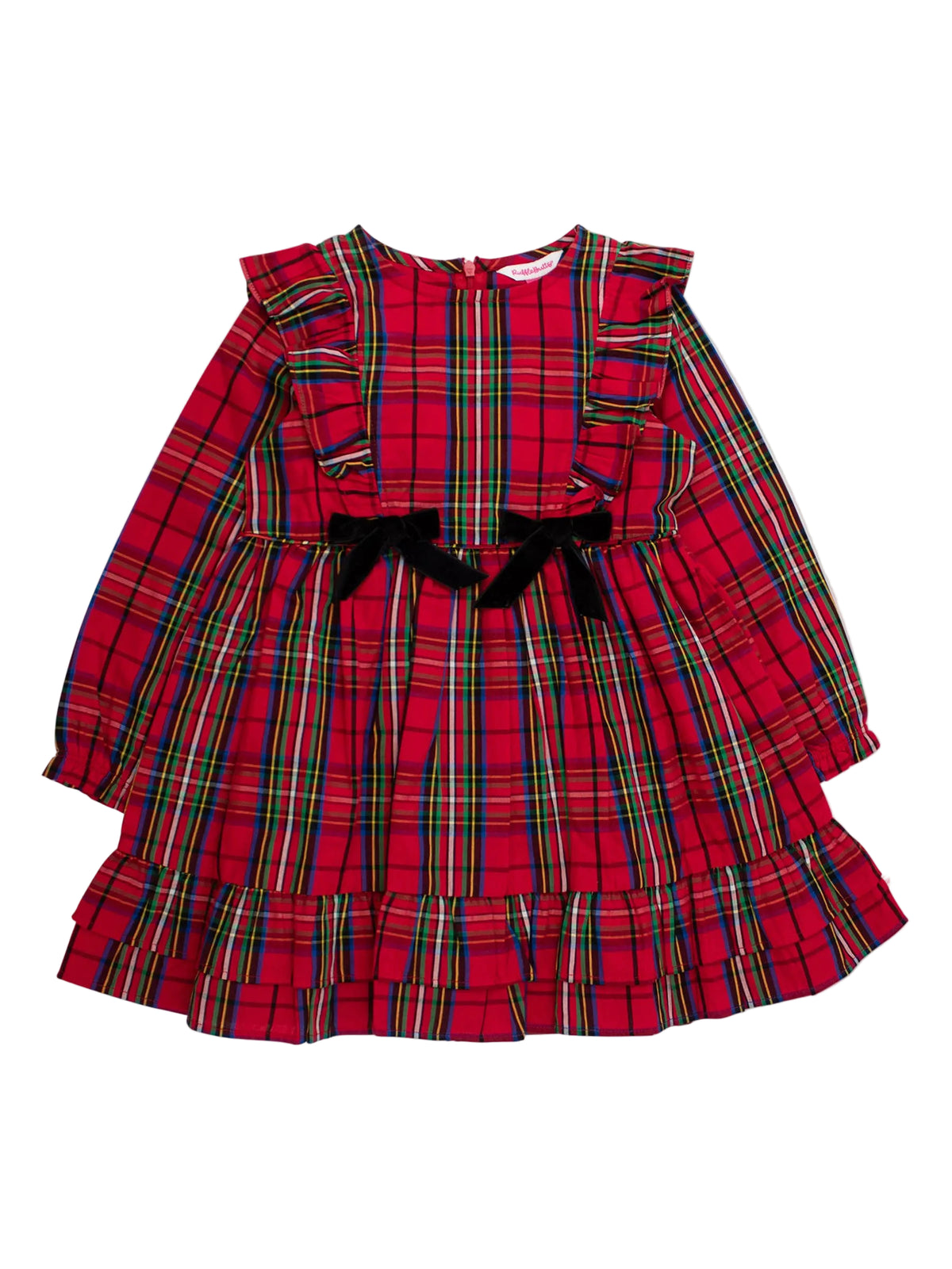 A red plaid long-sleeve dress for toddlers, featuring ruffled shoulders, a black velvet bow at the waist, and a tiered ruffle hem, shown flat on a white background.