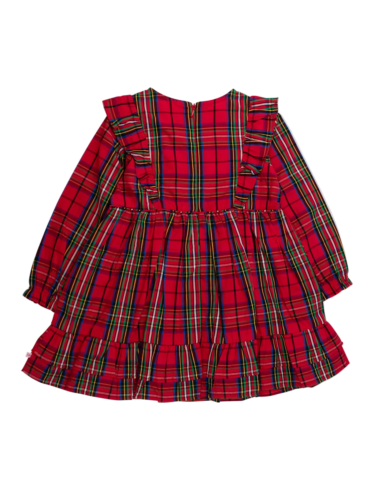 A red plaid long-sleeve dress with ruffled shoulder details and a ruffled hem, shown against a plain white background.