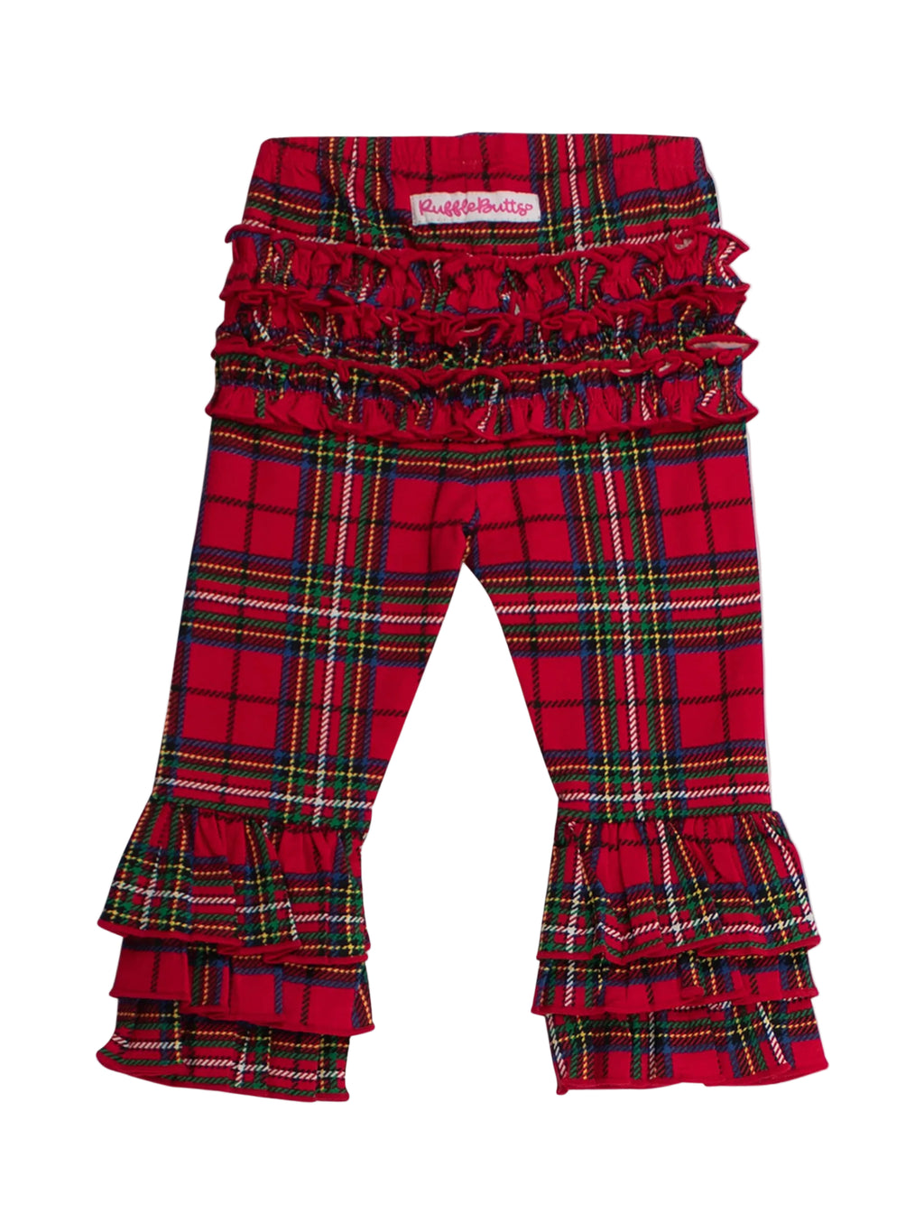 Red tartan plaid ruffled pants for toddlers, featuring a high-waisted waist and tiered ruffle hems, shown flat on a white background.