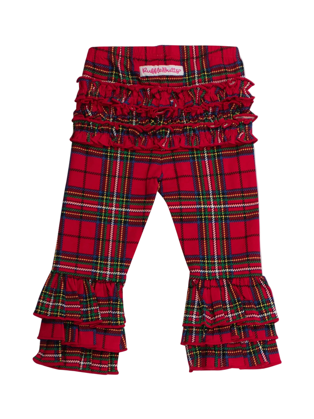 Red tartan plaid ruffled pants for toddlers, featuring a high-waisted waist and tiered ruffle hems, shown flat on a white background.