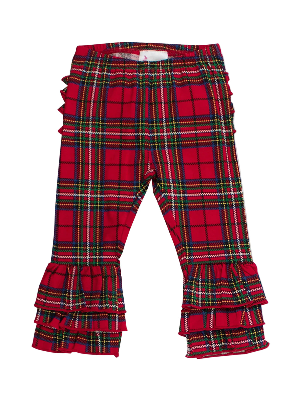 Red tartan plaid cropped pants with ruffled details along the sides and tiered ruffles at the flared hems, shown flat on a white background.