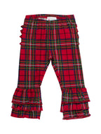 Red tartan plaid cropped pants with ruffled details along the sides and tiered ruffles at the flared hems, shown flat on a white background.