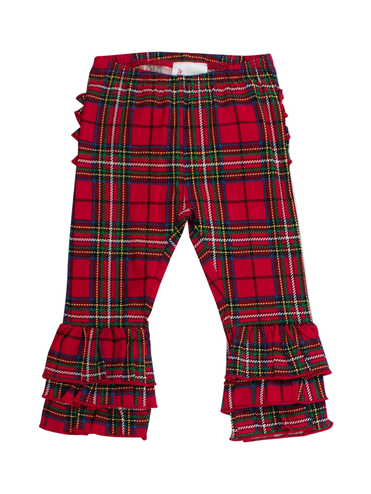 Red tartan plaid cropped pants with ruffled details along the sides and tiered ruffles at the flared hems, shown flat on a white background.