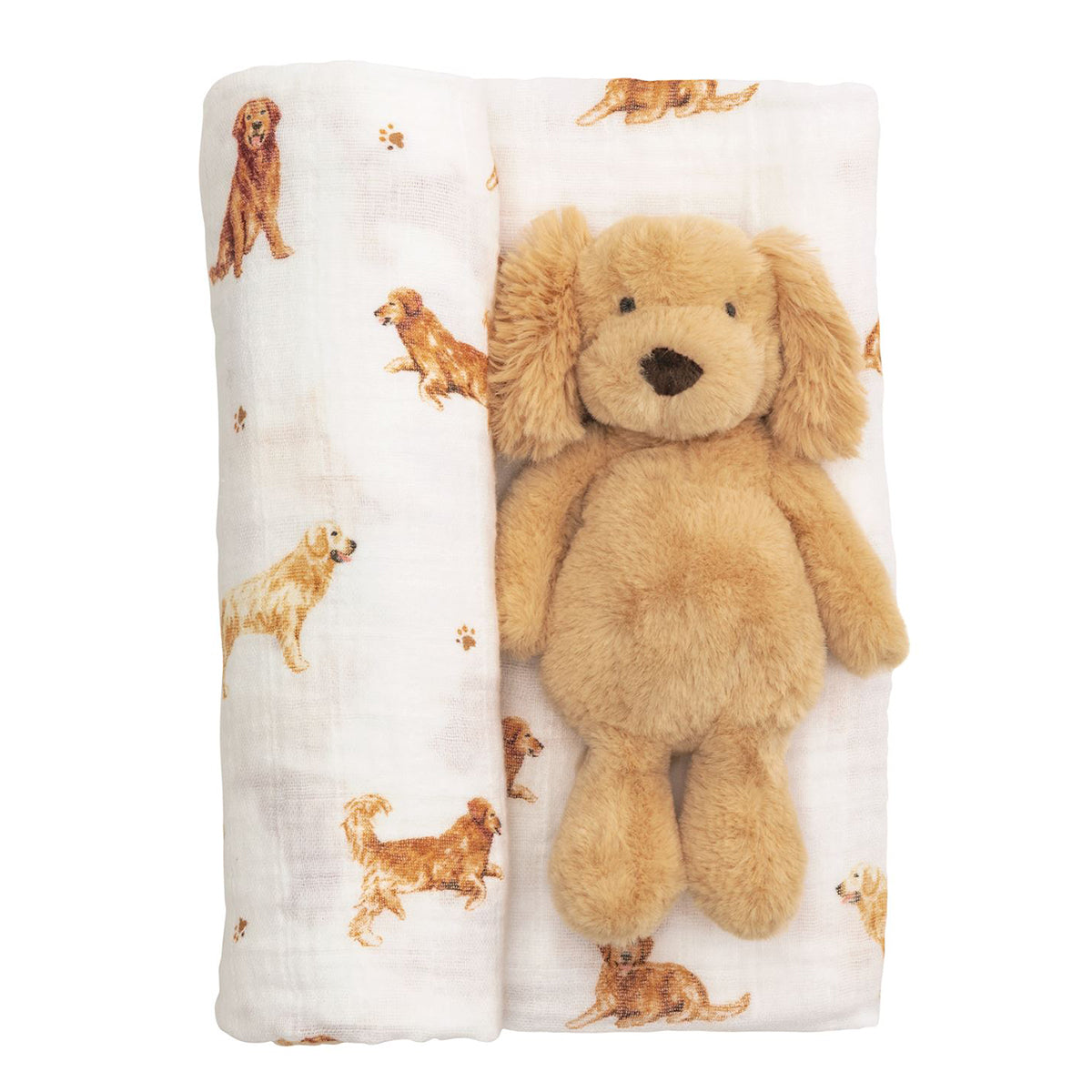 Plush dog baby rattle with a retriever print swaddle blanket gift set