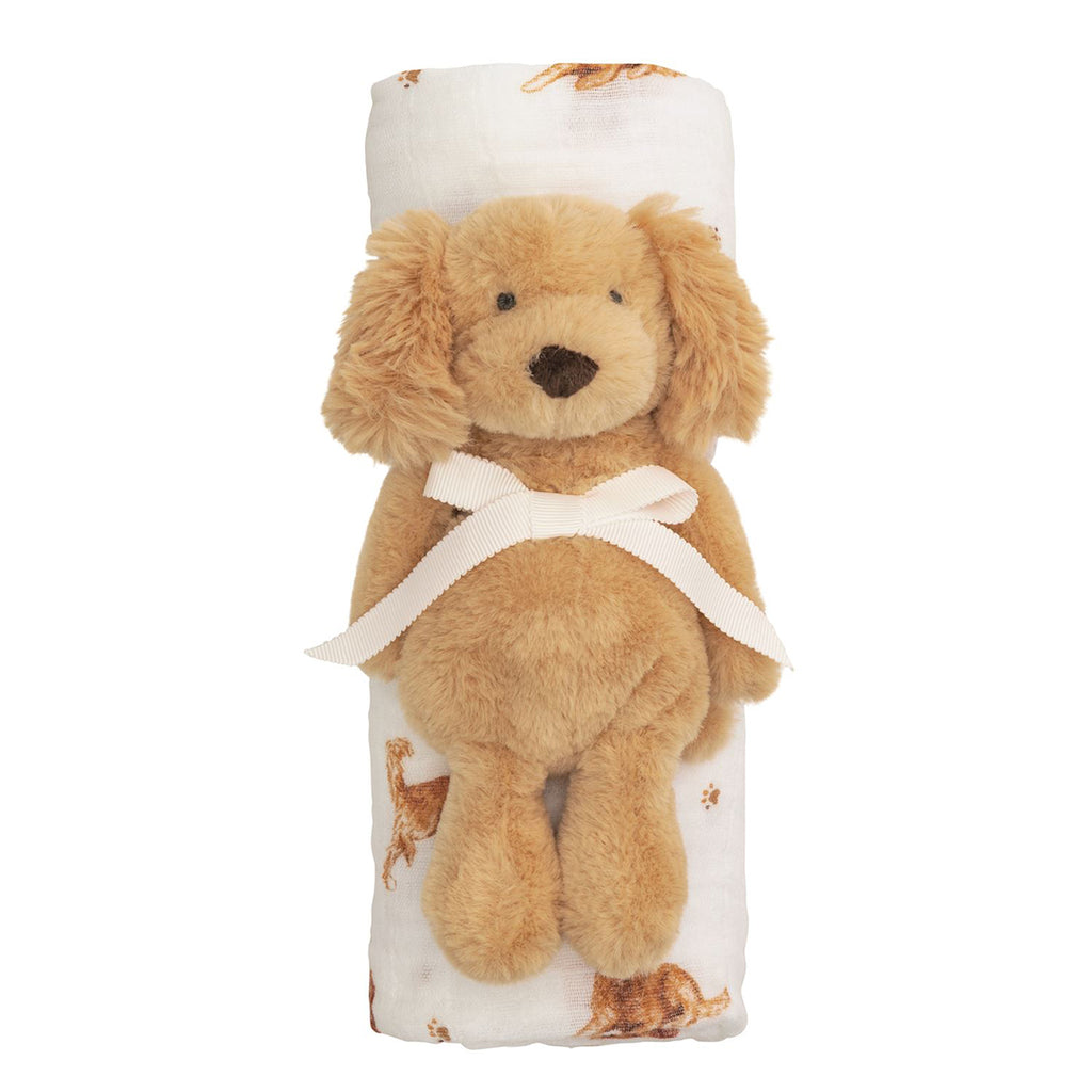 Plush dog baby rattle with a retriever print swaddle blanket gift set tied with a white ribbon