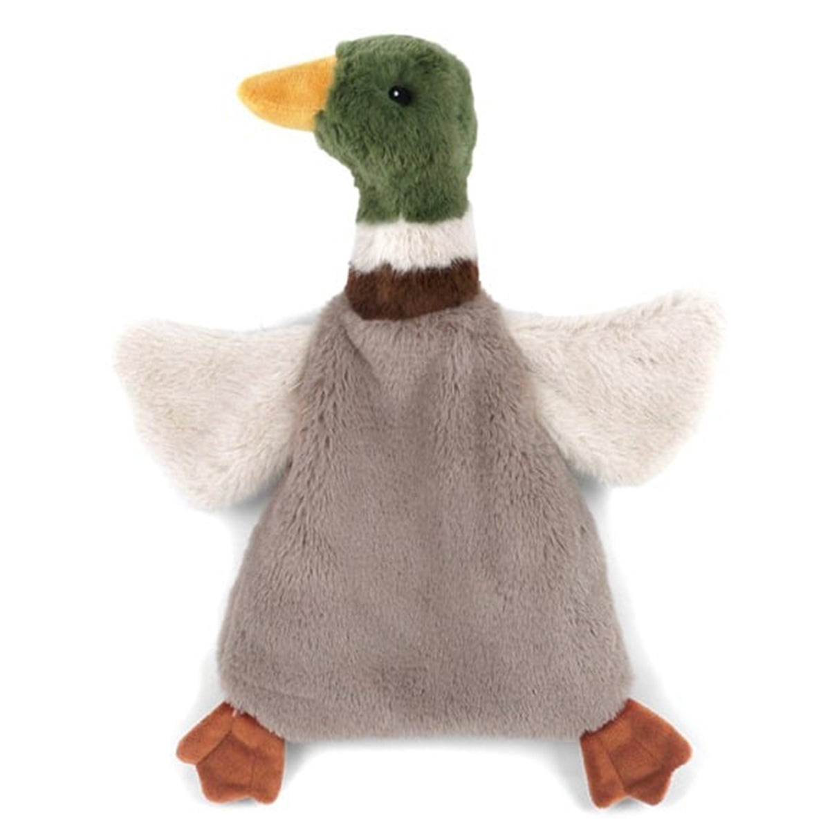 Mallard duck plush lovey blanket with green head, brown body, and orange feet.