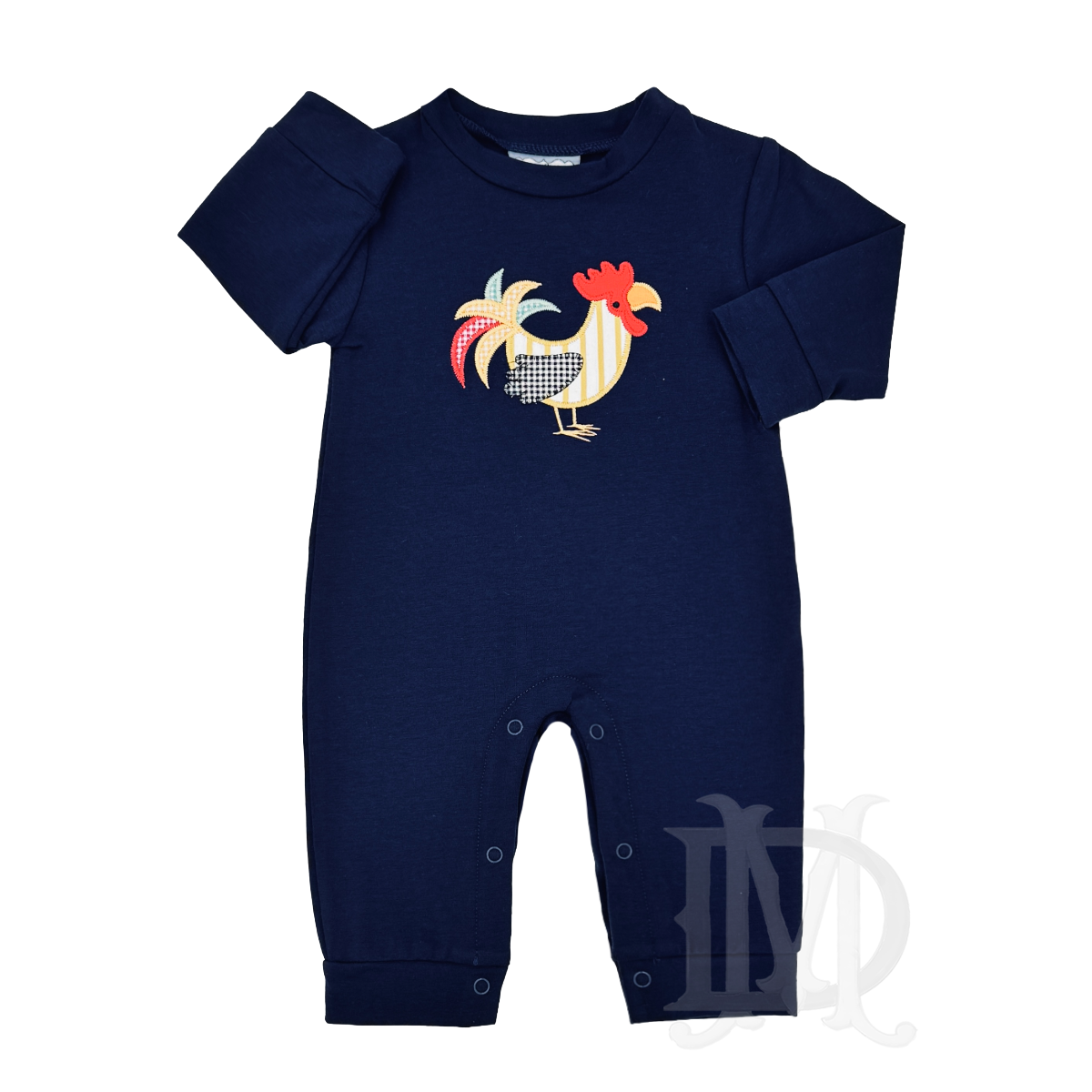 A navy blue baby boy long-sleeve romper with a colorful rooster applique on the chest.