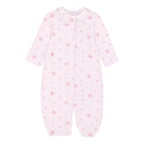 Baby girl pink knit converter gown with rose print, ruffle neckline, and snap closures.