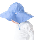 Child wearing a light blue sun hat with a chin strap
