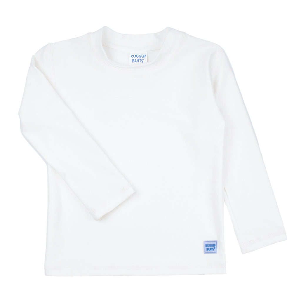 White long sleeve rash guard top with a RuggedButts logo.