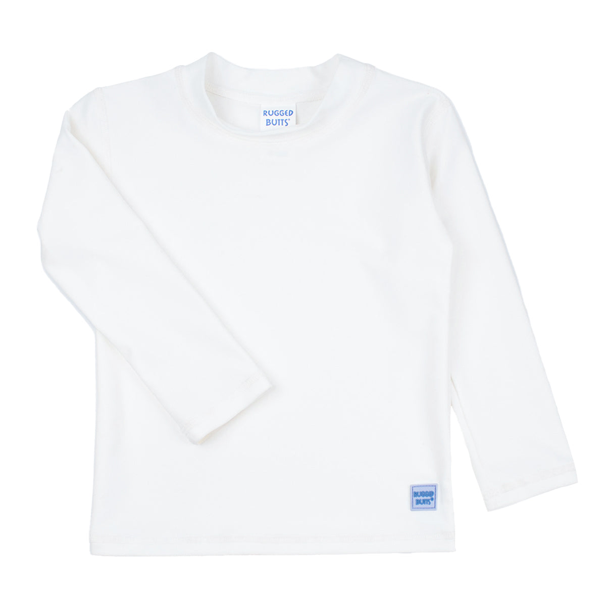 White long sleeve rash guard top with a RuggedButts logo.