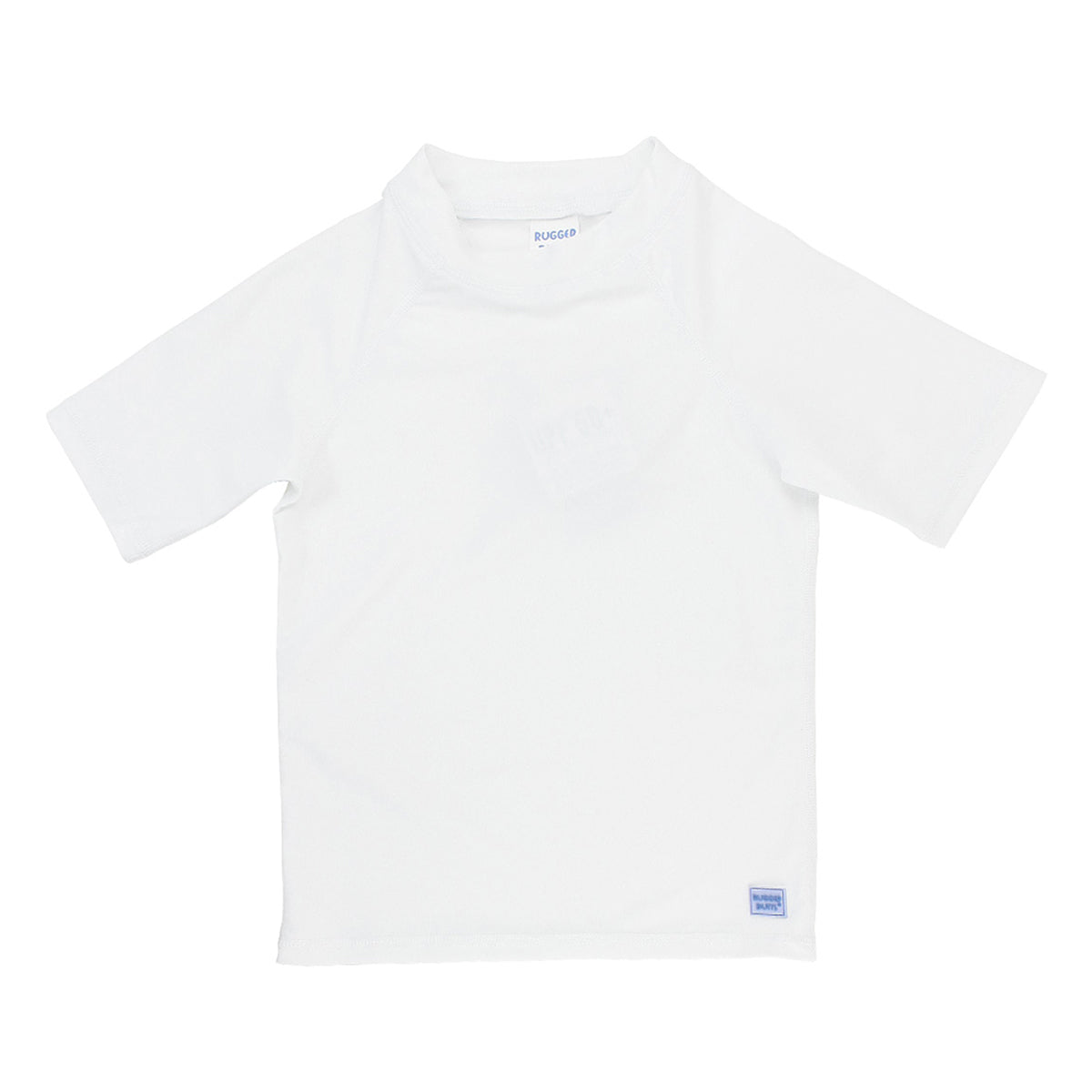 White short sleeve rash guard top with RuggedButts logo