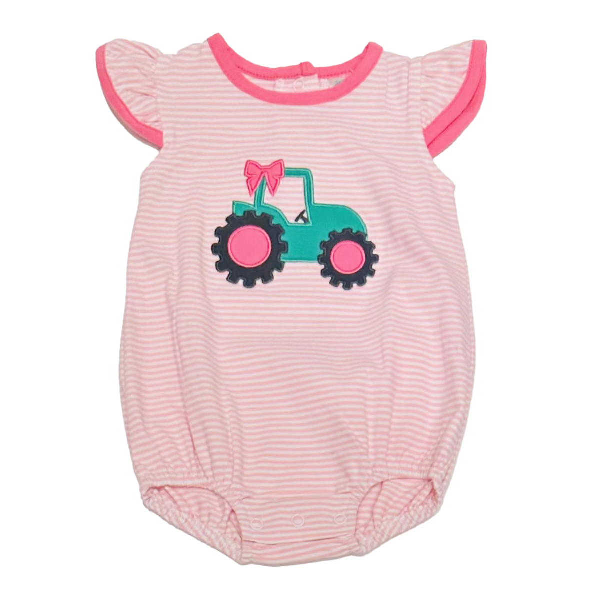 Baby Girl's Appliqued Tractor Knit Pink Stripe Summer Bubble