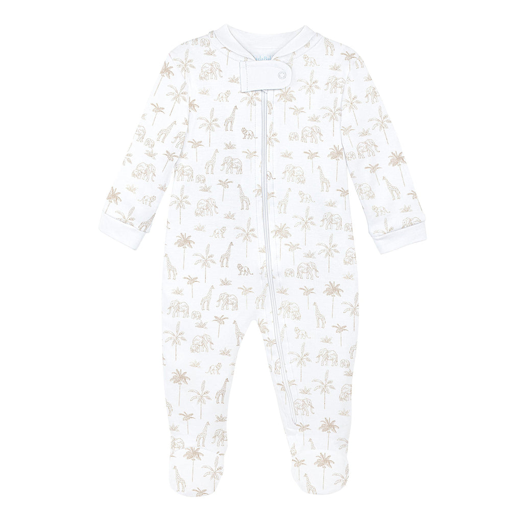 Unisex baby Pima cotton zip front footie with neutral khaki safari print featuring elephants, giraffes, lions, and acacia trees.