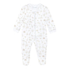 Unisex baby Pima cotton zip front footie with neutral khaki safari print featuring elephants, giraffes, lions, and acacia trees.