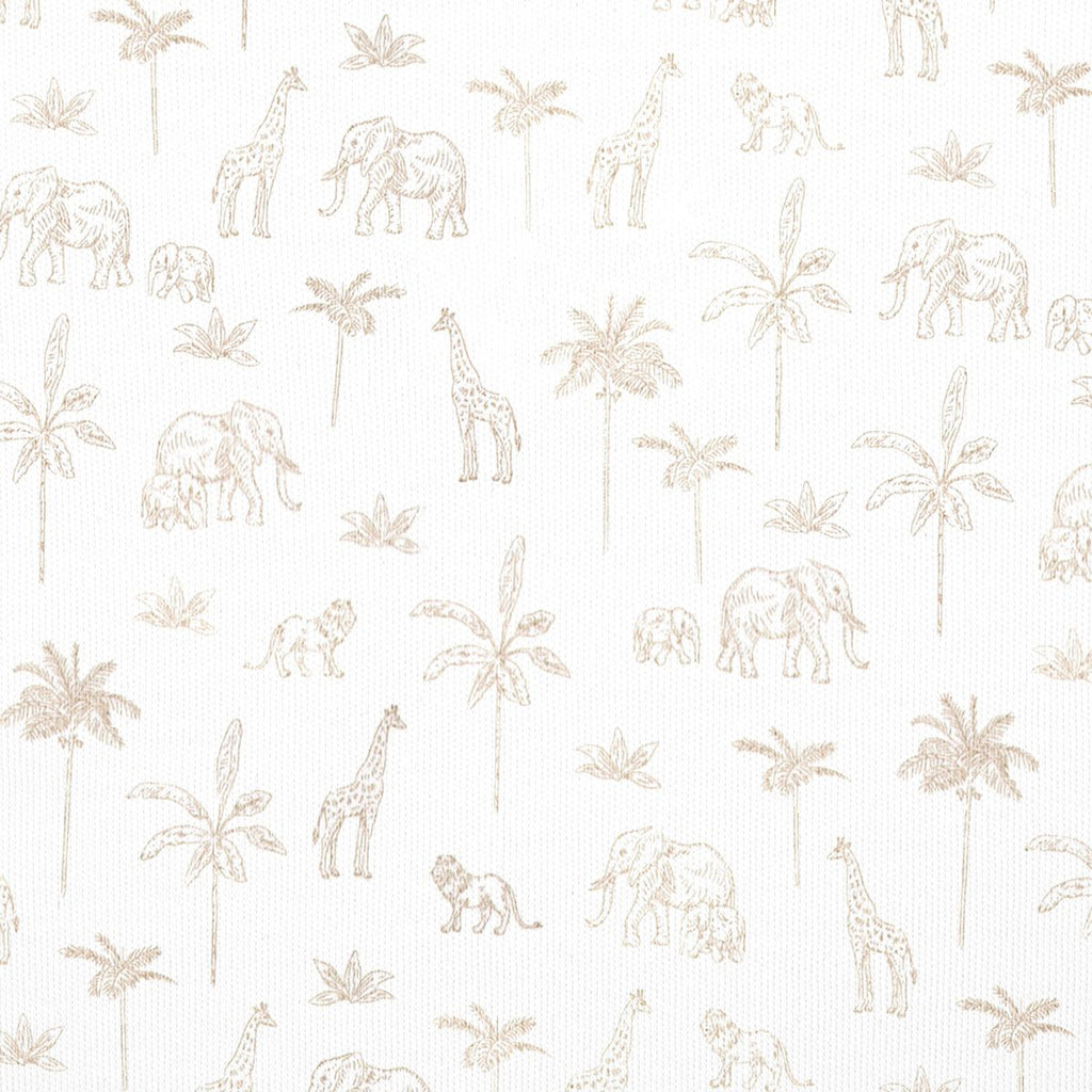 Neutral khaki safari print featuring elephants, giraffes, lions, and acacia trees.