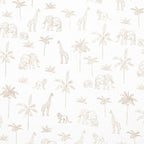 Neutral khaki safari print featuring elephants, giraffes, lions, and acacia trees.