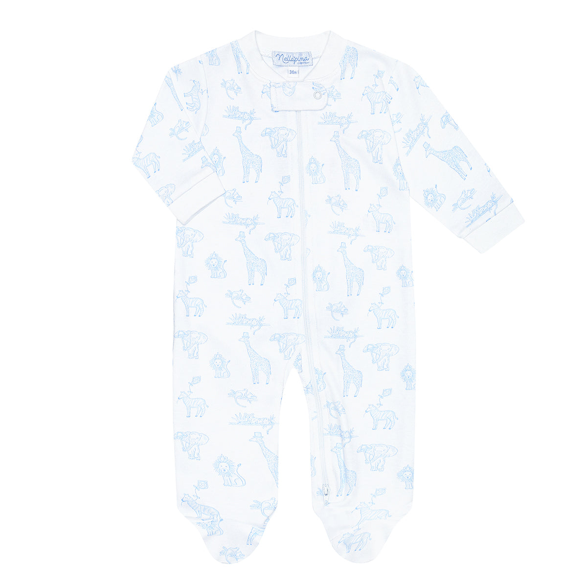 Baby boy footed sleepr with a blue safari animals design and full zip front.