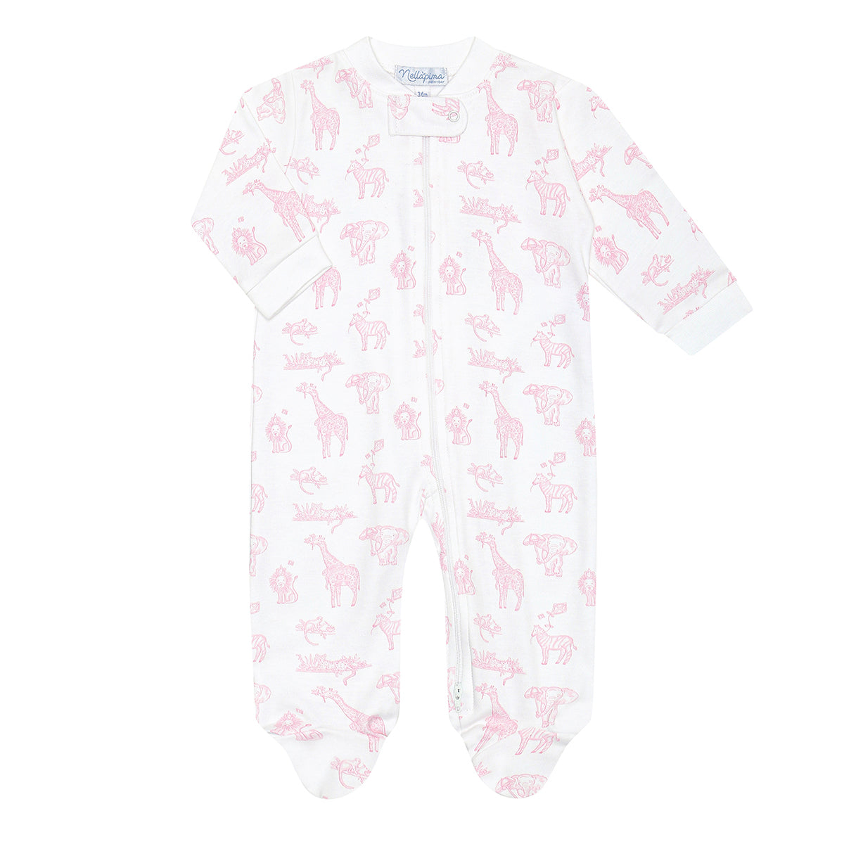 Baby girl footed sleepr with a pink safari animals design and full zip front.