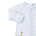 Closeup of a baby boy footed sleeper in blue stripe with embroidered safari animals and a Kissy Kissy brand label